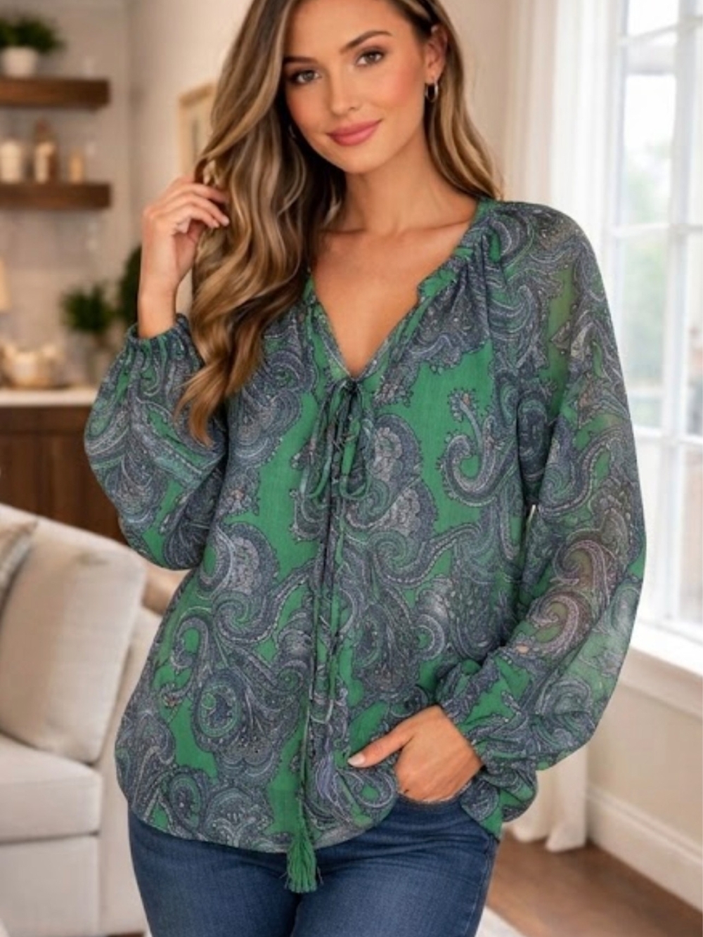New York & Company Green and Gray Paisley Tie-Neck Blouse